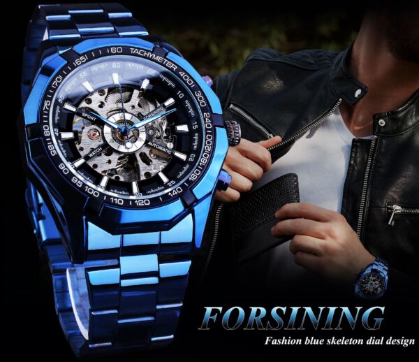 Casual Hollow Blue Plating Automatic Mechanical Watch - Image 3