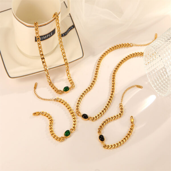 Fashion Green Stone Series Stainless Steel Necklace Bracelet